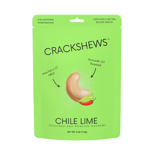 Packaging of Crackshews Chile Lime cashews, 4oz, with a graphic of the cracked nut and text highlighting the flavor and product details.