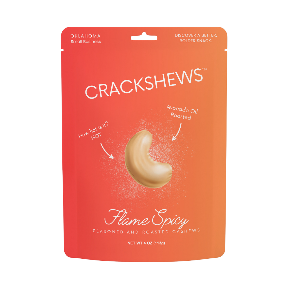 Packaging of Crackshews Flame Spicy cashews, 4oz, with a graphic of the cracked nut and text highlighting the flavor and product details.