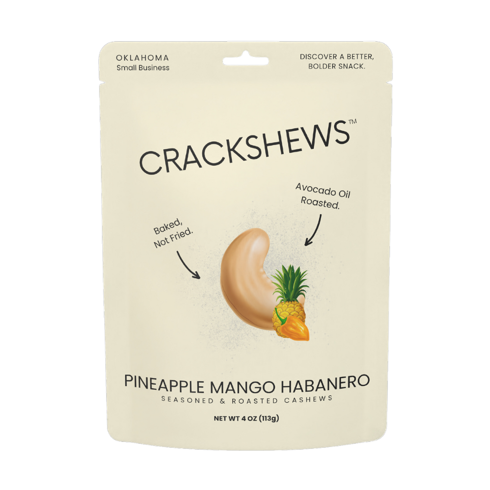Packaging of Crackshews Pineapple Mango Habanero cashews, 4oz, with a graphic of the cracked nut and text highlighting the flavor and product details.