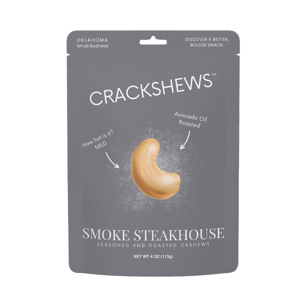 Packaging of Crackshews Smoke Steakhouse cashews, 4oz, with a graphic of the cracked nut and text highlighting the flavor and product details.